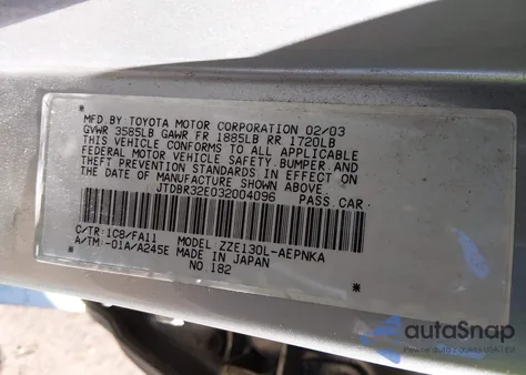 2003 Toyota Corolla Le z USA, uszkodzony, nr VIN JTDBR32E032004096